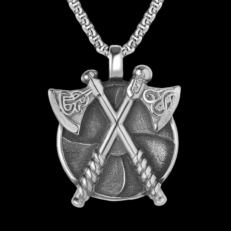 Retro Viking Double Axe Pendant Necklace For Women Men Silver Color Stainless Steel Box Chain Hip Hop Rock Neck Jewelry Gifts