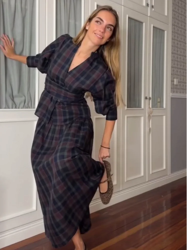 KIMLUD, Casual V-neck Checkered Lace Up Suit Women Fashion Long Lantern Sleeves Single-breasted Slim Set 2025 Lady Commute street Outfit, KIMLUD Womens Clothes