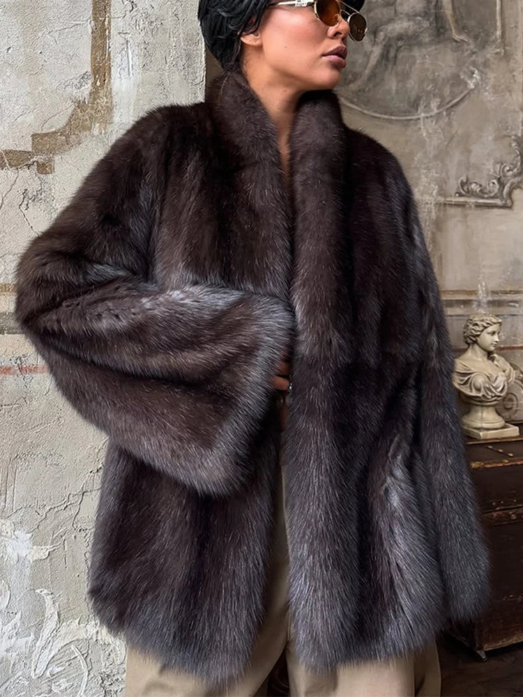 Faux Fur Coat – Turn-Down Collar – Man-Made Fiber – Mixed Color | KIMLUD