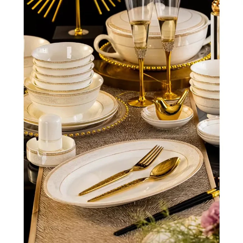 Bone China Tableware Set 60-Piece With Hand-Painted Gold Accents for Festive Tables — White with Gold Trim | KIMLUD