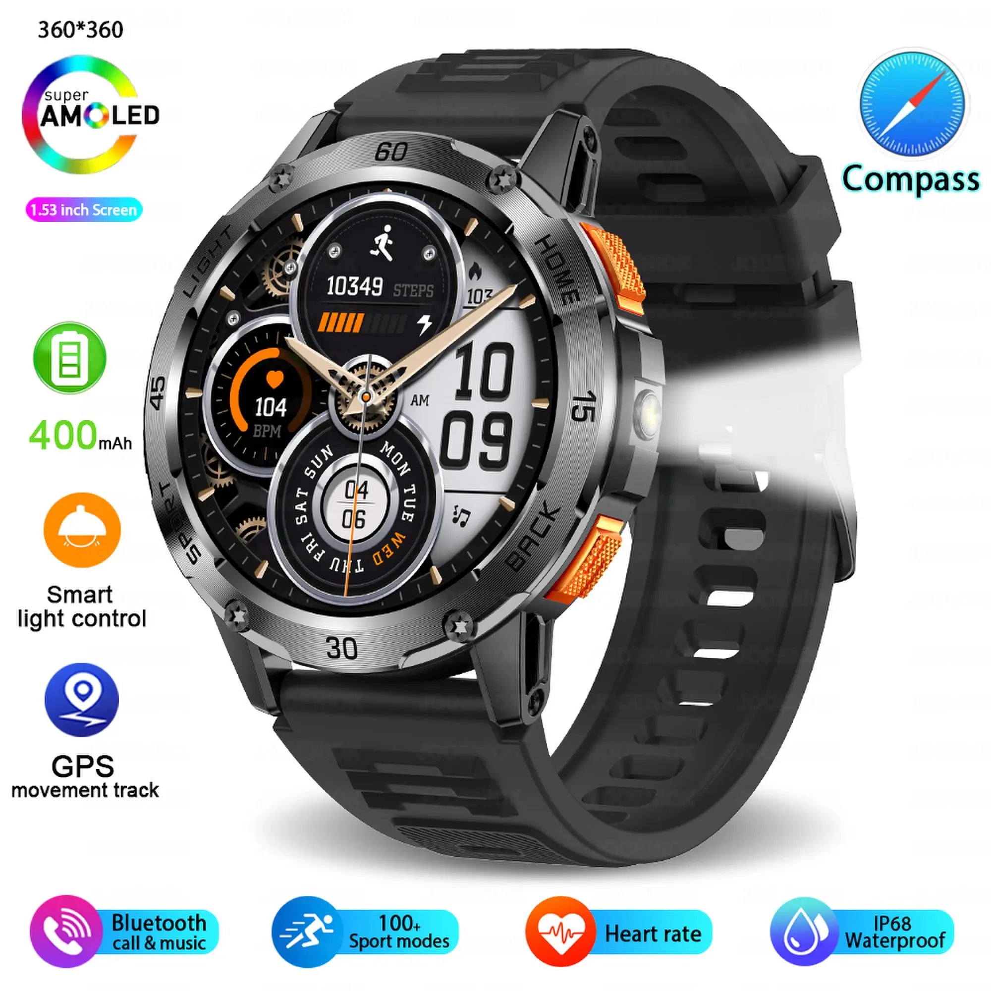 Outdoor Sport Smart Watch Men Compass 400mAh Battery Flashlight Health Monitoring Waterproof Bluetooth Call Smartwatch 2025 New