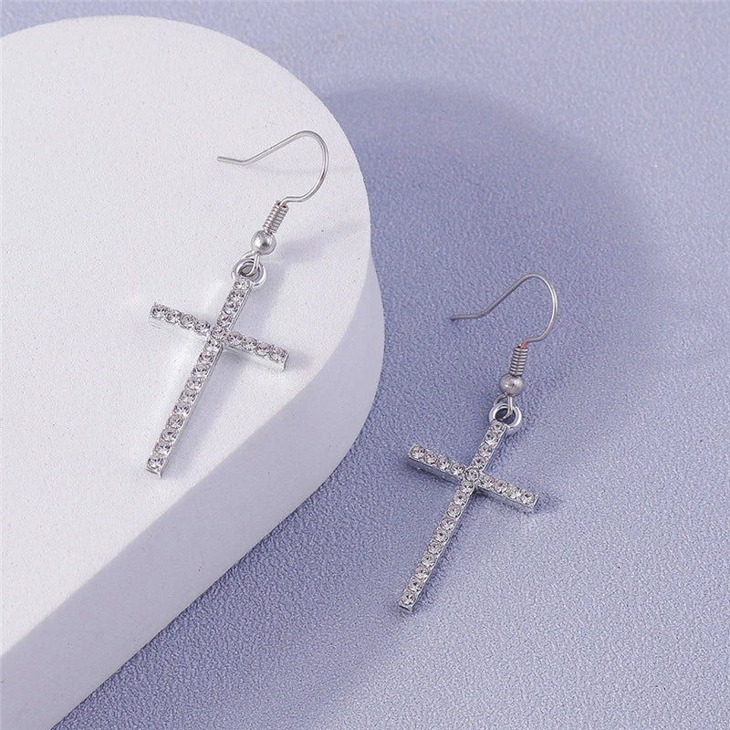 Silver-Tone Cross Earrings Zircon Crystal Dangle — Silver | KIMLUD
