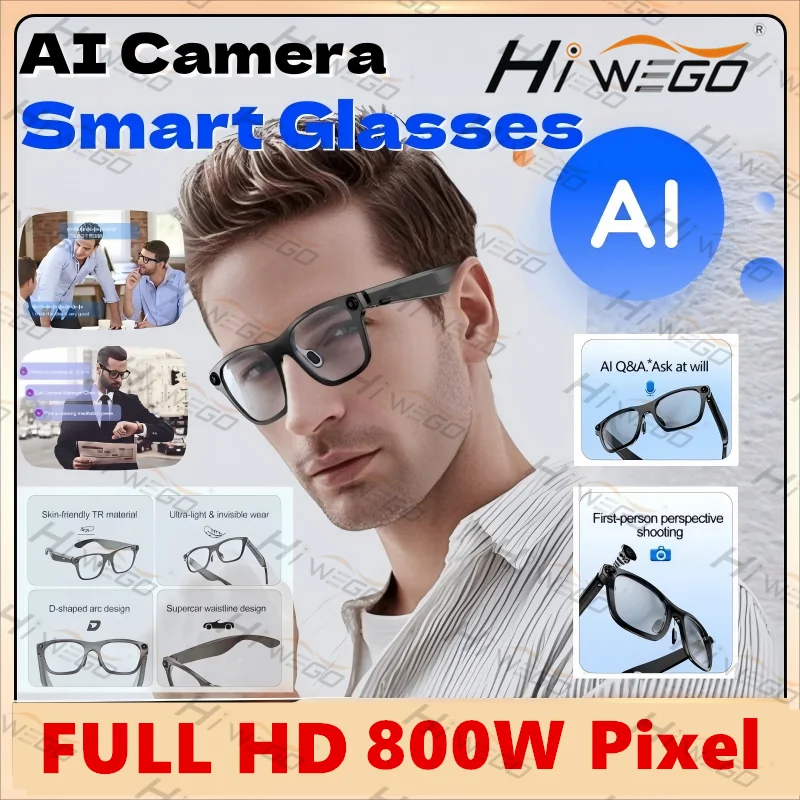Hiwego New  Smart AI Glasses 800W pixel AI Shooting Camera HD Photo Video Voice Call Translation  Bluetooth Glasses For xiaomi