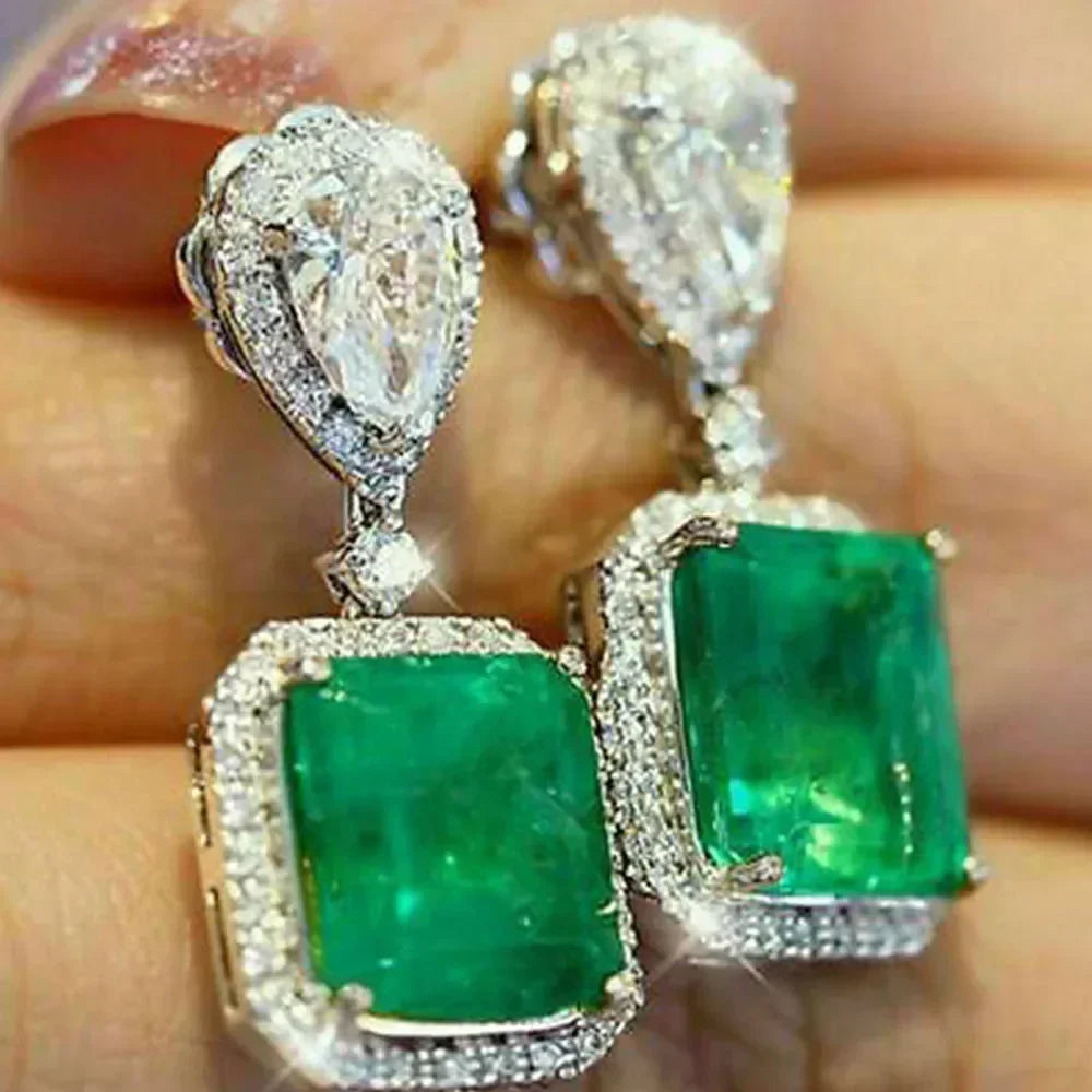 Cubic Zirconia Drop Earrings Water-Drop Inlaid — Emerald | KIMLUD