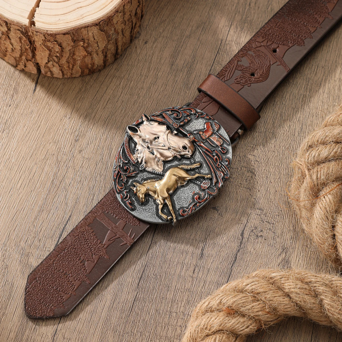 Retro Western PU Embossed Buckle Belt — Brown | KIMLUD