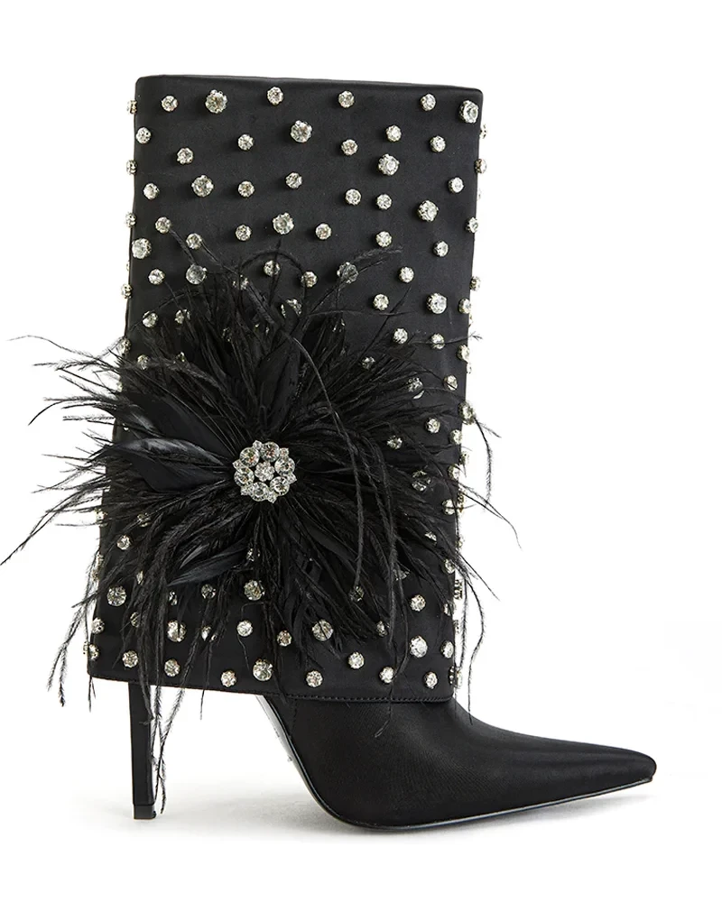 KIMLUD, Pink Glitter Diamond Feather Boots 2023 Women Luxury Crystal Black Pointed Toe Stilettos Shark Booties Big Size Designer Shoes, as photo 1 / 35, KIMLUD APPAREL - Womens Clothes