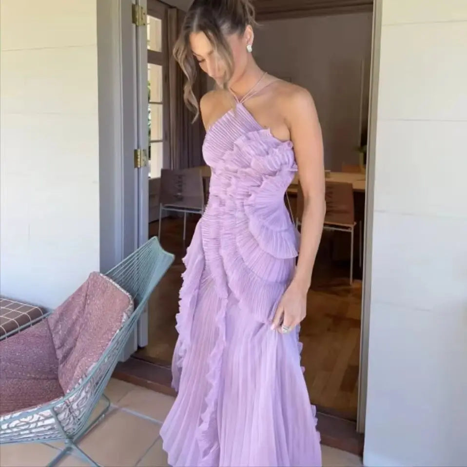Ruffle Pleated Halter Maxi Dress With Irregular Tiered Pleats — Lavender | KIMLUD