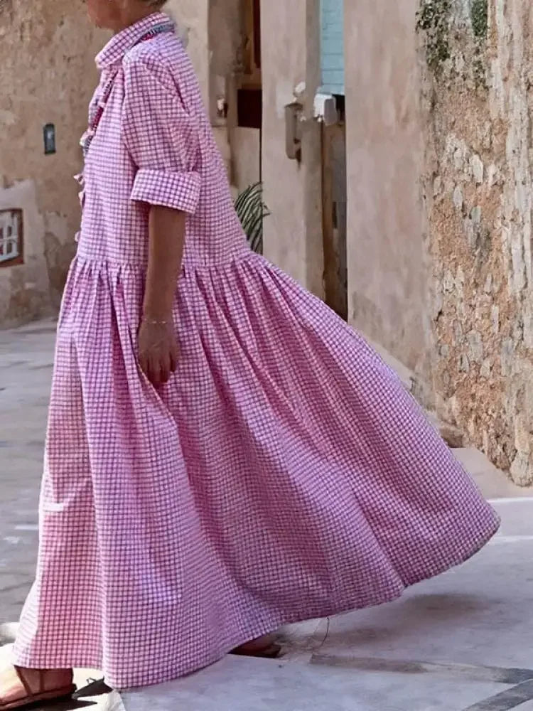 Maxi Dress – Plaid Pleated Lapel Shirt Dress – Polyester | KIMLUD