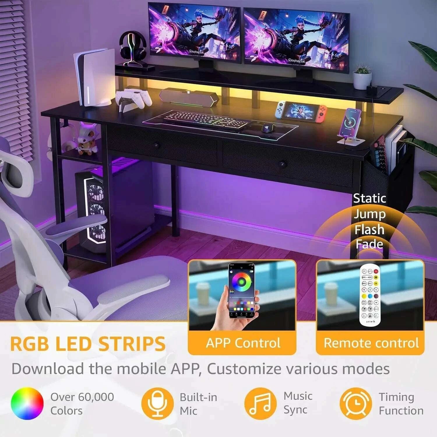 39-inch-gaming-desk-with-shelves-drawers-power-outlet-led-lights---sturdy-black-design-for-home-officekimludkimlud-35572138