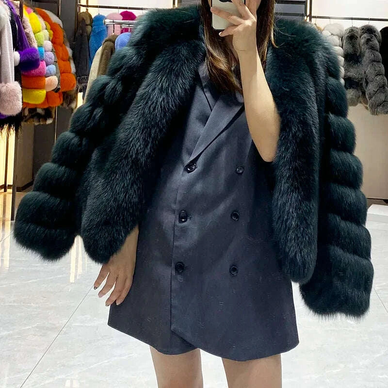 KIMLUD, JANEFUR 2024 Thick Warm Real Fox Fur Coat Fashion Female V-neck Fox Fur Collar Coats Elegant luxury Lady Fur Outwear, KIMLUD Womens Clothes