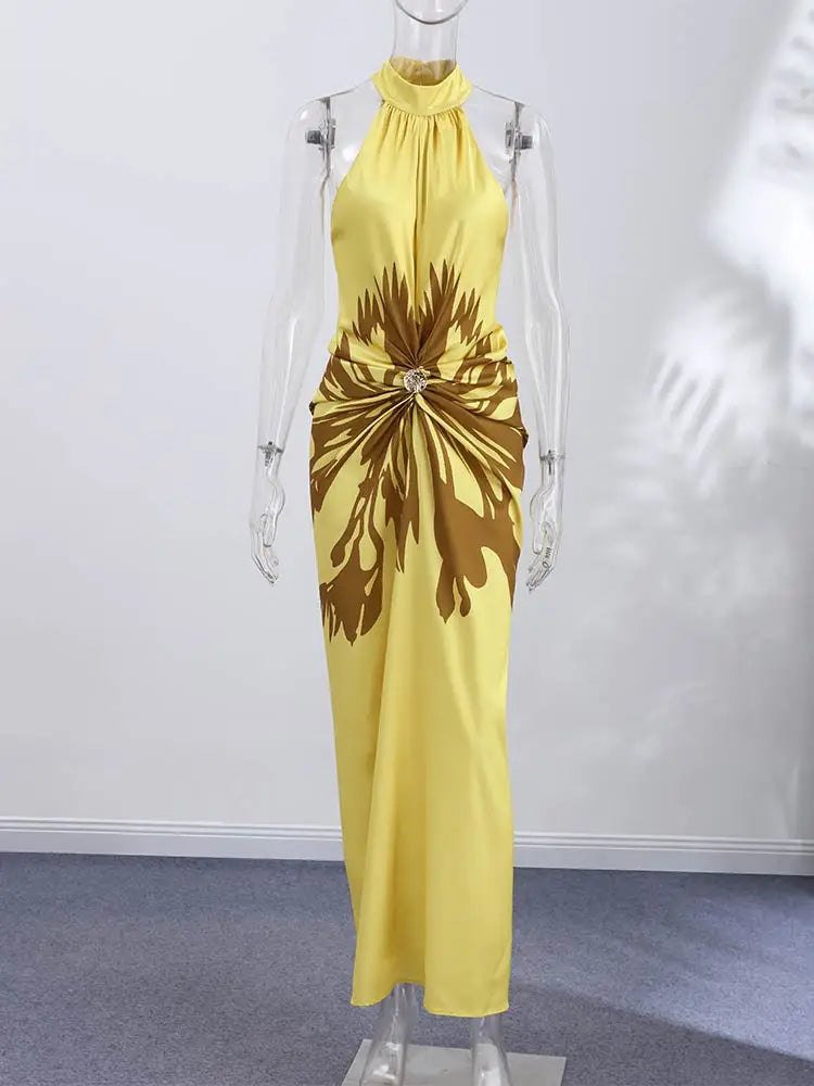 Halter Backless Dress - Print - Polyester - Slim Fit | KIMLUD
