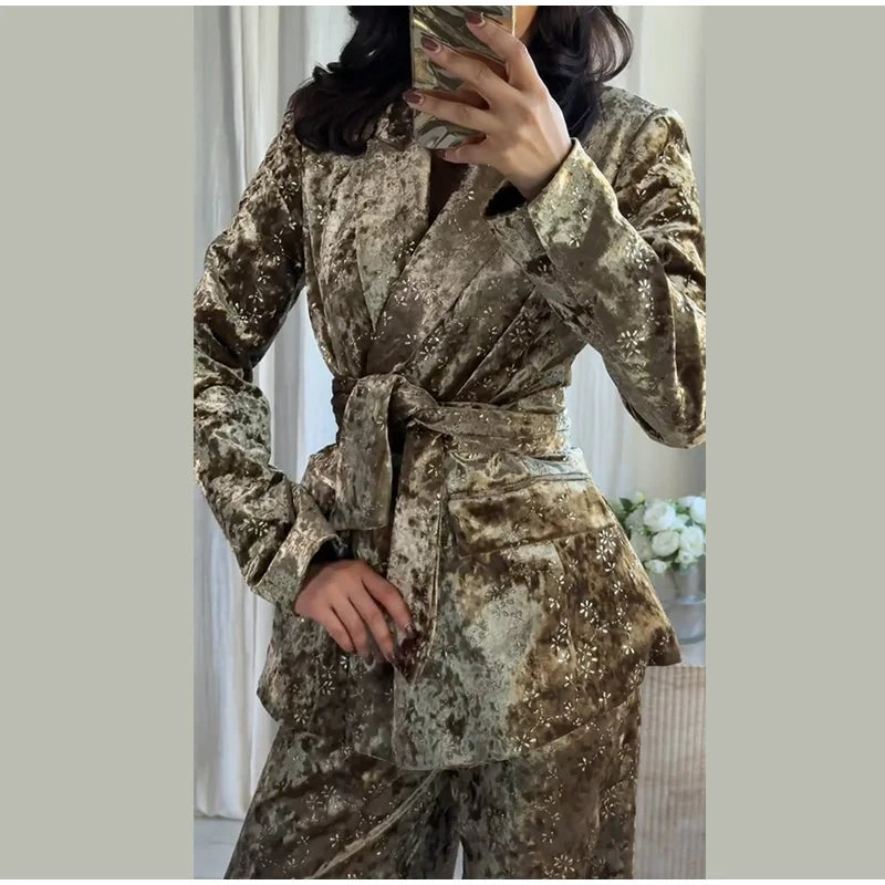 Fashion Velvet Print Lapel Belt Suit Pant Set Women Solid Lace Up Full Sleeve Blazer Wide Leg Cuffed Pants 2025 Autumn Lady Sets