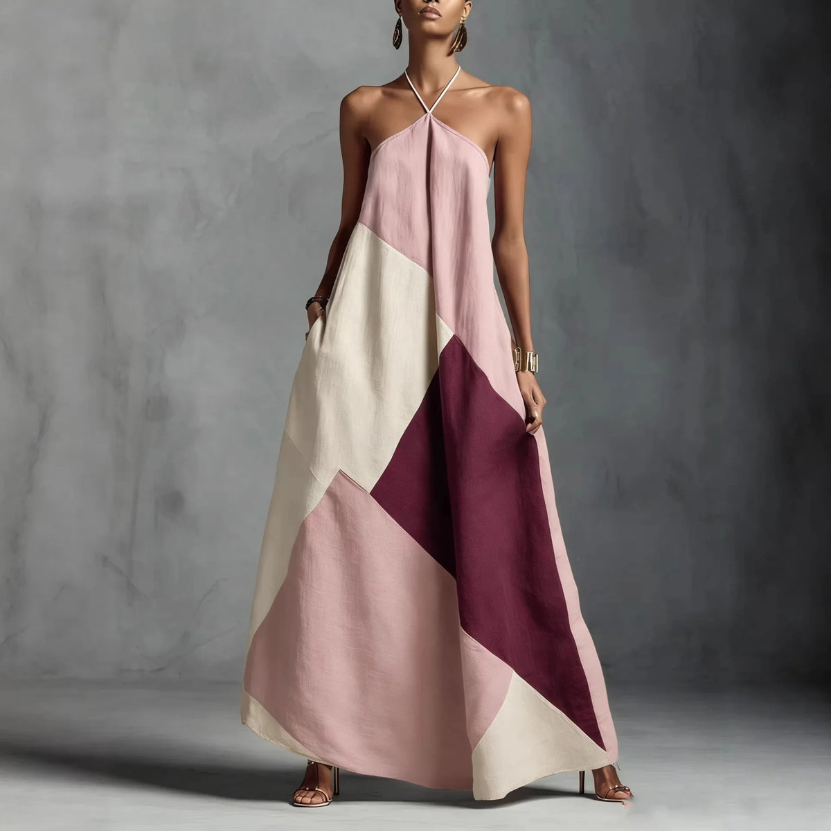 Dress – Cross Color Print – Polyester Elastane – Loose Ankle Length | KIMLUD