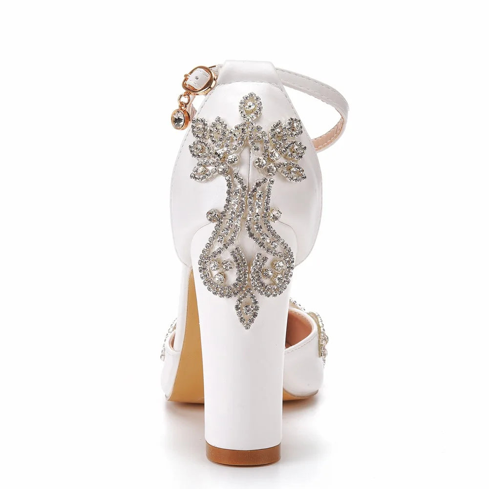 PU Sandals Rhinestone Flower Embellished Square Heel — White | KIMLUD