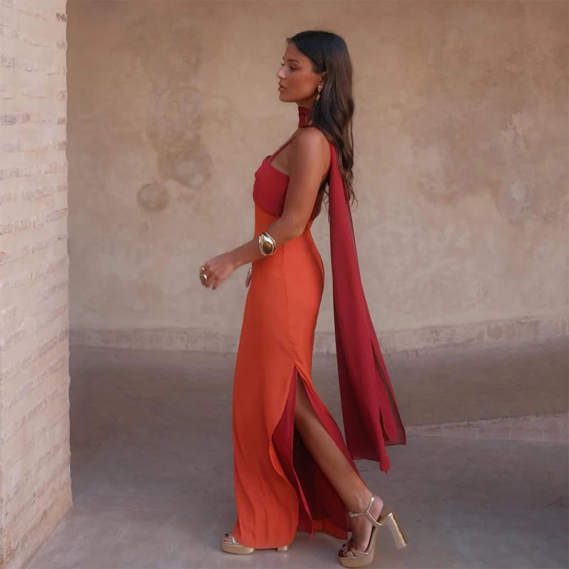 Color Blocking Sling Dress Scarf Collar — Orange Burgundy | KIMLUD