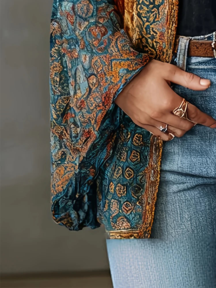 Floral Velvet Cardigans Long Sleeve American Retro Flare Sleeve Autumn Chic Vintage Casual Jacket Outerwear for Women's 2025