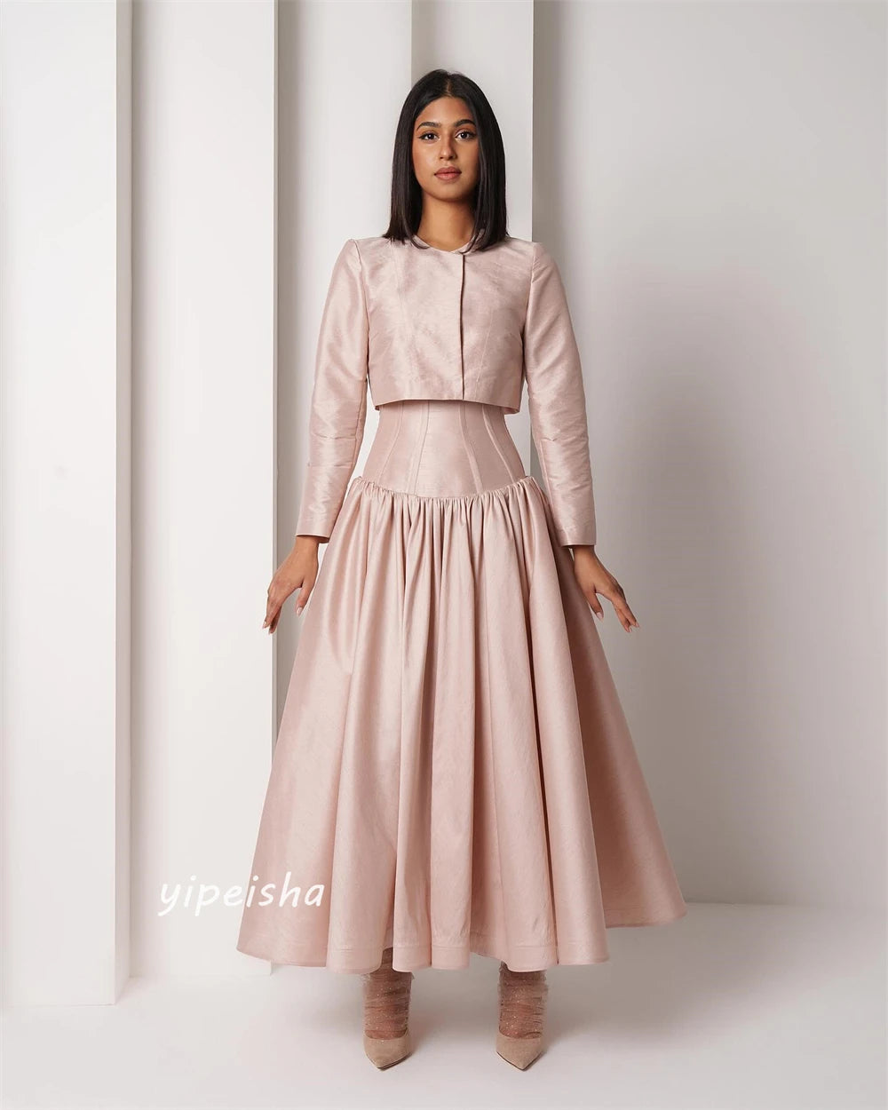 Draped Satin Evening Dress - Built-In Bra - A-Line Silhouette - O-Neck | KIMLUD