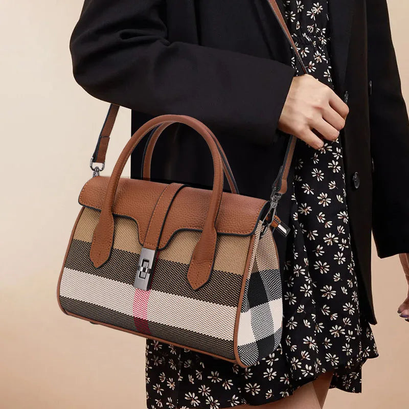 Canvas Patchwork Plaid Shoulder Bag Large Capacity — Tan | KIMLUD