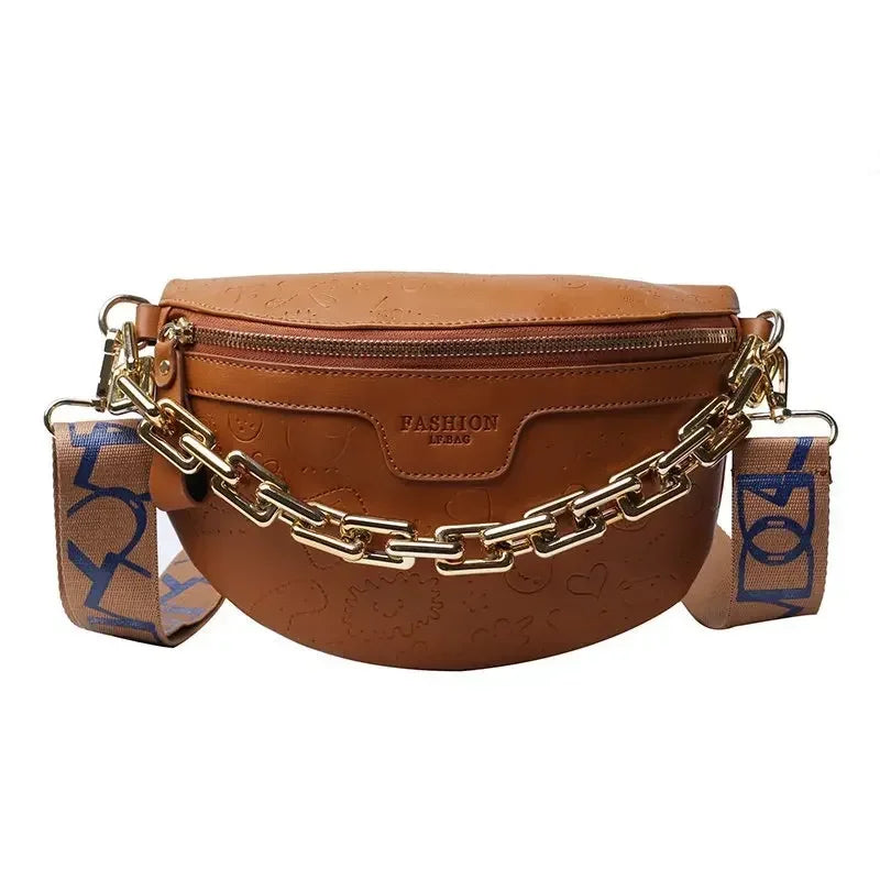 Cartoon Pattern empaistic PU Leather Fanny Pack For Women Luxury Chain Waist Bag Female Cute Waist Pack Wide Strap Crossbody Bag