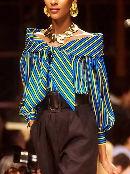 Blouse – Off Shoulder Stripe Front Knot – Lantern Sleeve | KIMLUD