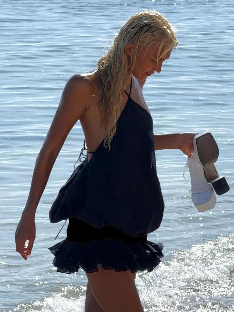 VC Edgy Black Halter Sleeveless Mini Dress Gown with Open Back for Trendy Parties