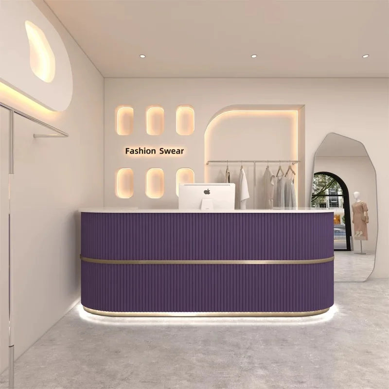 Curved Wood Reception Desk Modern Office — Walnut | KIMLUD