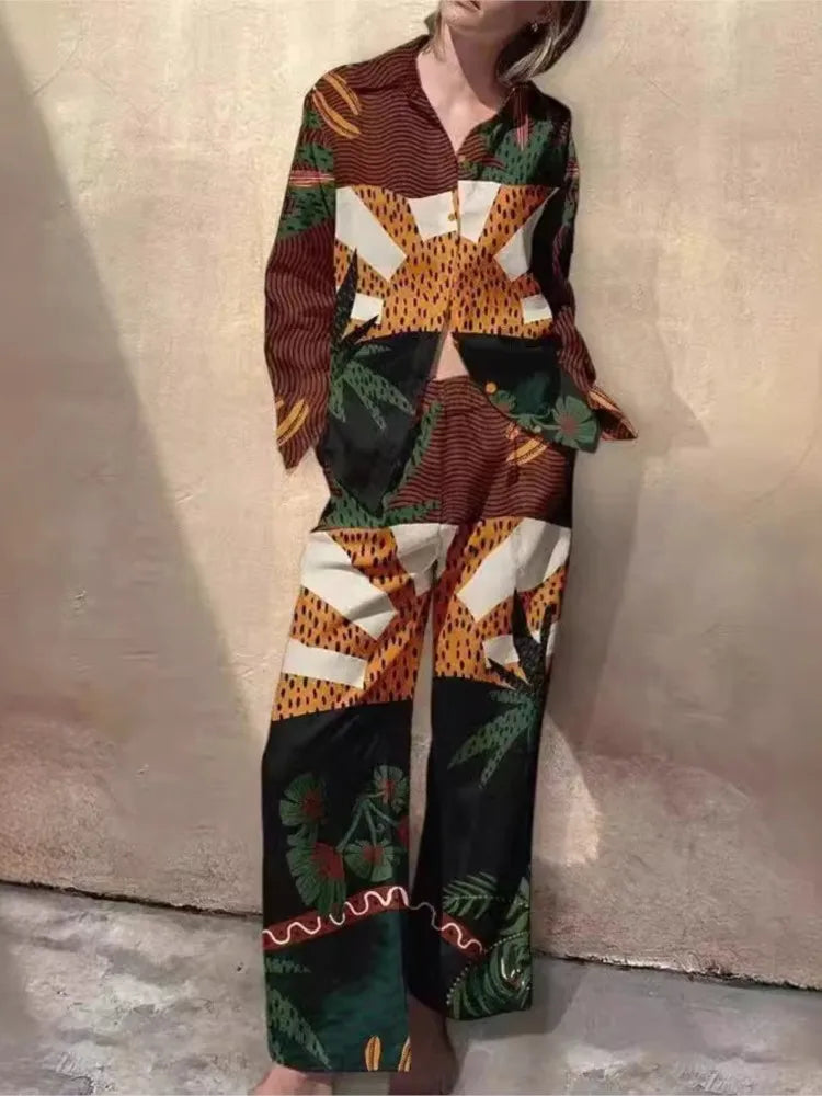 Two Piece Pant Set – Print Shirt and Wide Leg Pants – Broadcloth | KIMLUD