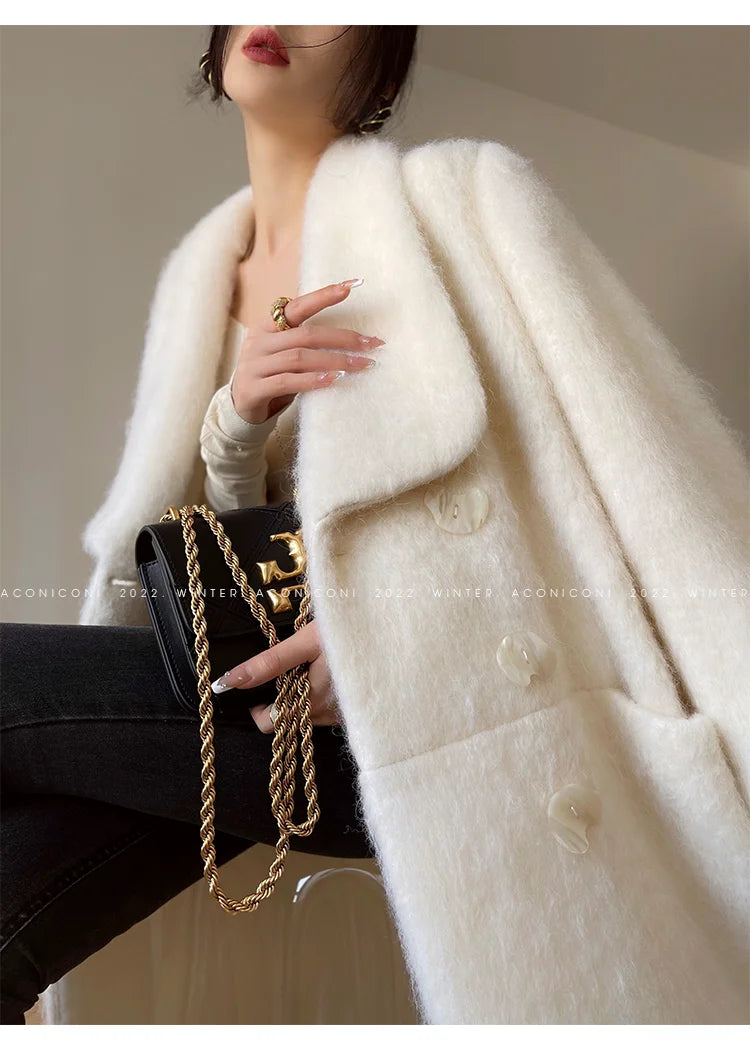Coat – Double Breasted Long – Wool Blends – White | KIMLUD