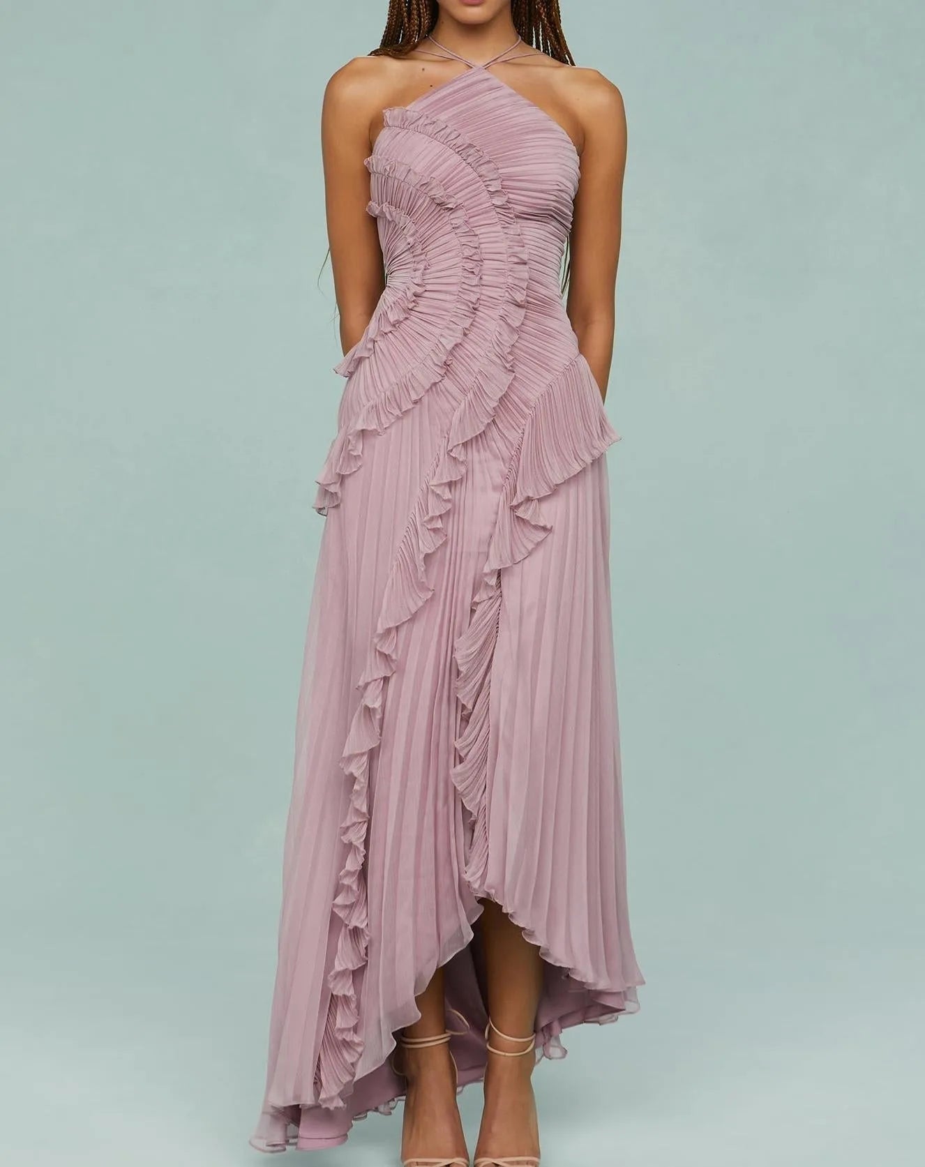 Ruffle Pleated Halter Maxi Dress With Irregular Tiered Pleats — Lavender | KIMLUD