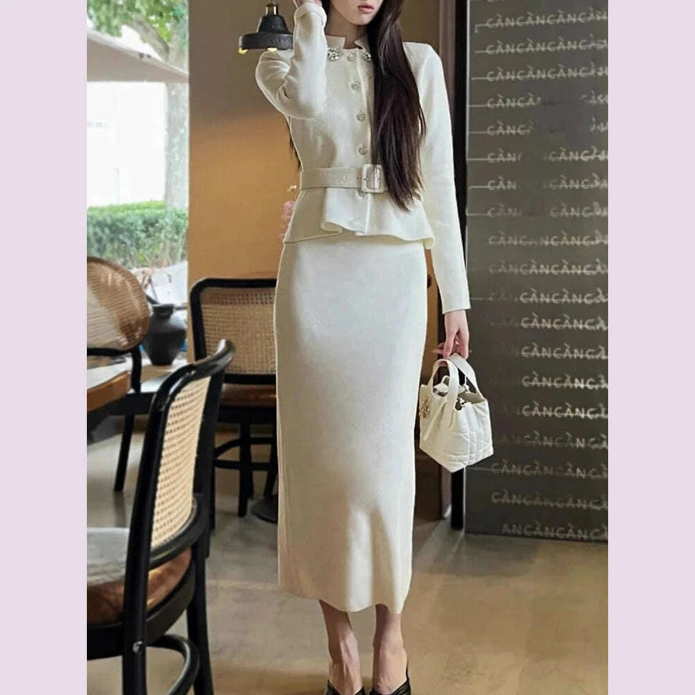 white-knit-two-piece-style-dress-with-rhinestone-button-belt-fitted-long-length-womens-dress-2025-fall-new-arrivalkimlud-womens-fashion-34624124