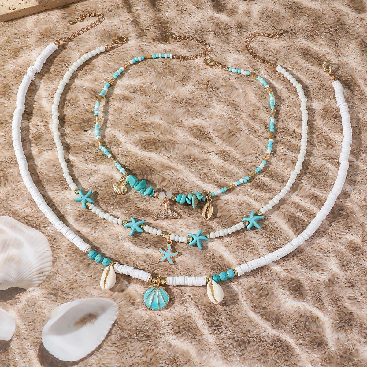 Bohemain Vintage Shell Starfish Multi Layered Necklace for Women Ethnic Handmade Fish Tail Beads Necklace Summer Jewelry Gifts