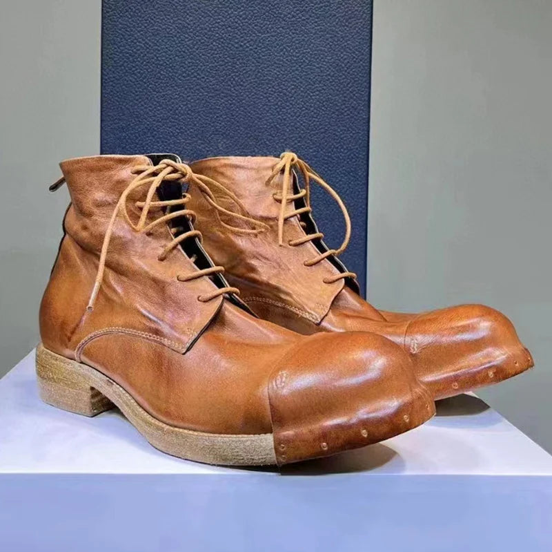 Men's Horse Leather Vintage Wash Water Old Leather Boots Handmade Goodyear- Men's Short Boots Lace Up Round Head Men