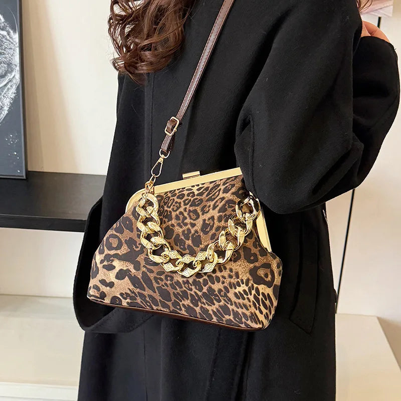 Fashion Leopard Print Purse and Handbags Thick Chain Hand-held Crossbody Bags for Woman Shoulder Bags Trend Designer Bag Сумка