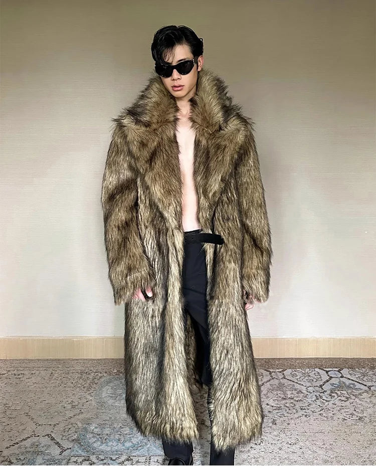 Men's Fur Coat – Lapel Long Overcoat – Wolf Fur And Fox Fur | KIMLUD