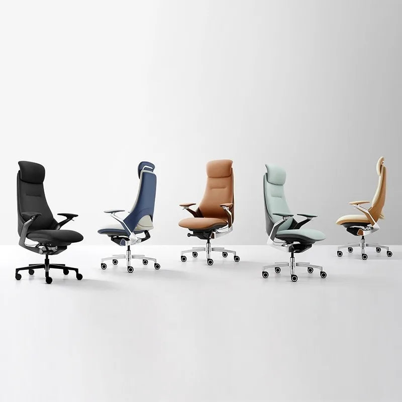 A modern high-back office chair with a cream and navy blue upholstered seat and headrest, featuring adjustable armrests and a chrome five-star wheeled base, shown against a light gray studio background.