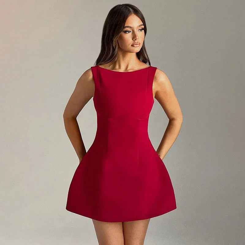 Backless Mini Dress A-Line Silhouette Slim-Line — Black | KIMLUD