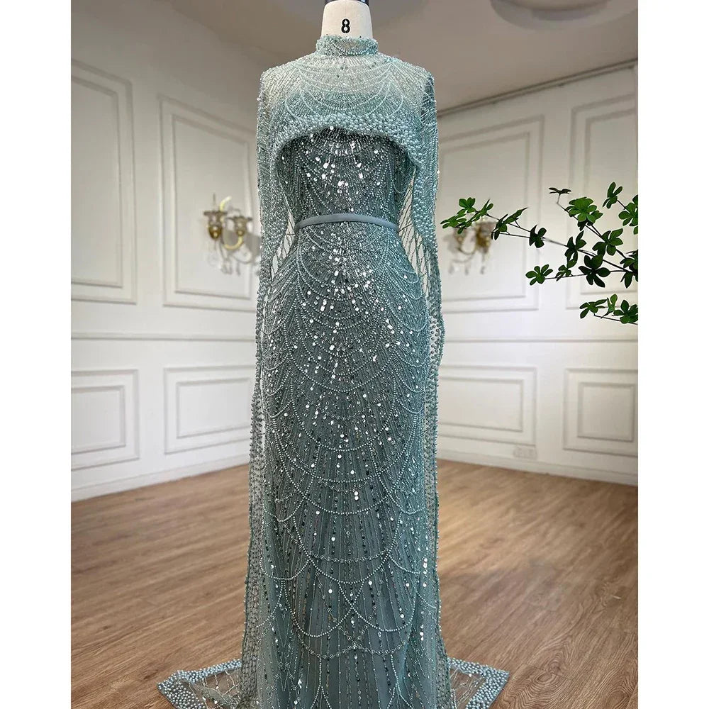 Beaded Gown With Mermaid Cape — Dubai Nude | KIMLUD