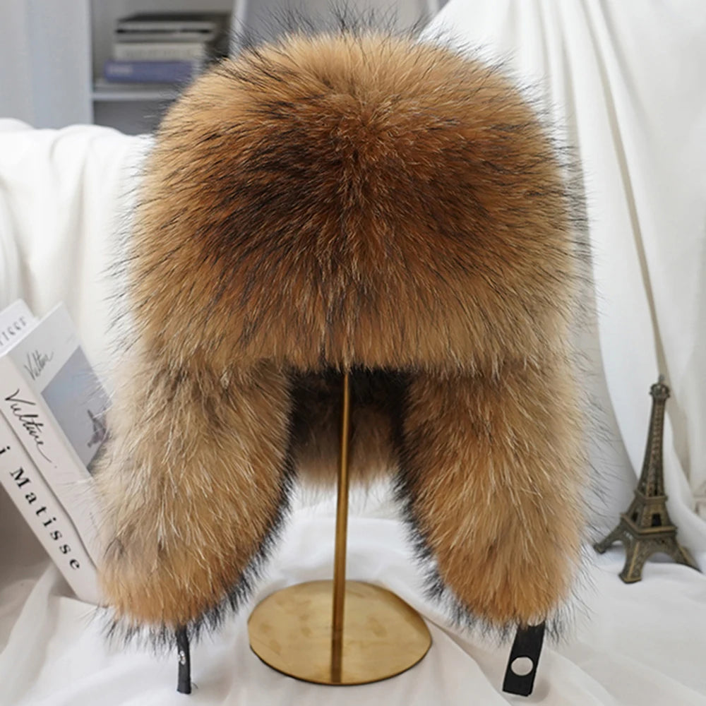 Fashion Winter Men's 100% Real Silver Fox Fur Bomber Hat Raccoon Fur Ushanka Cap Trapper Russian Man Ski Hats Caps Real Leather