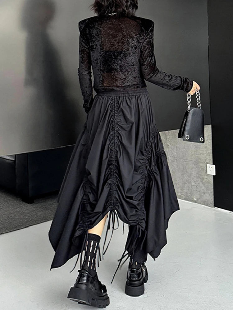 Skirt – Drawstring Waist – Irregular Hem – Cotton – Black | KIMLUD