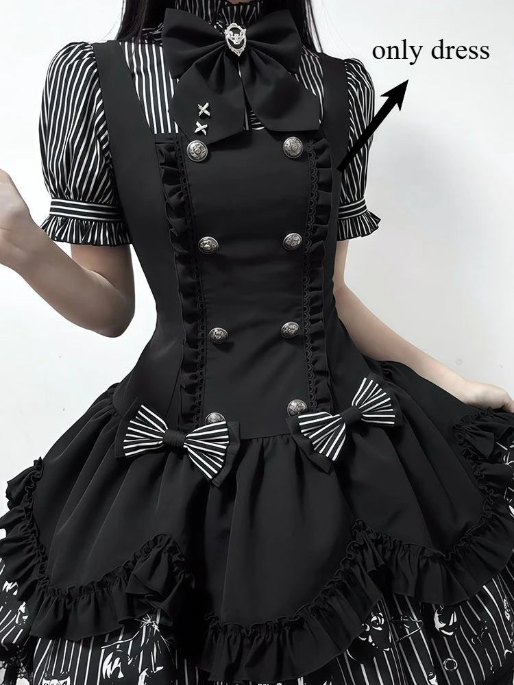 Gothic Striped Lolita Dress Set Puff Sleeve — Black and White | KIMLUD