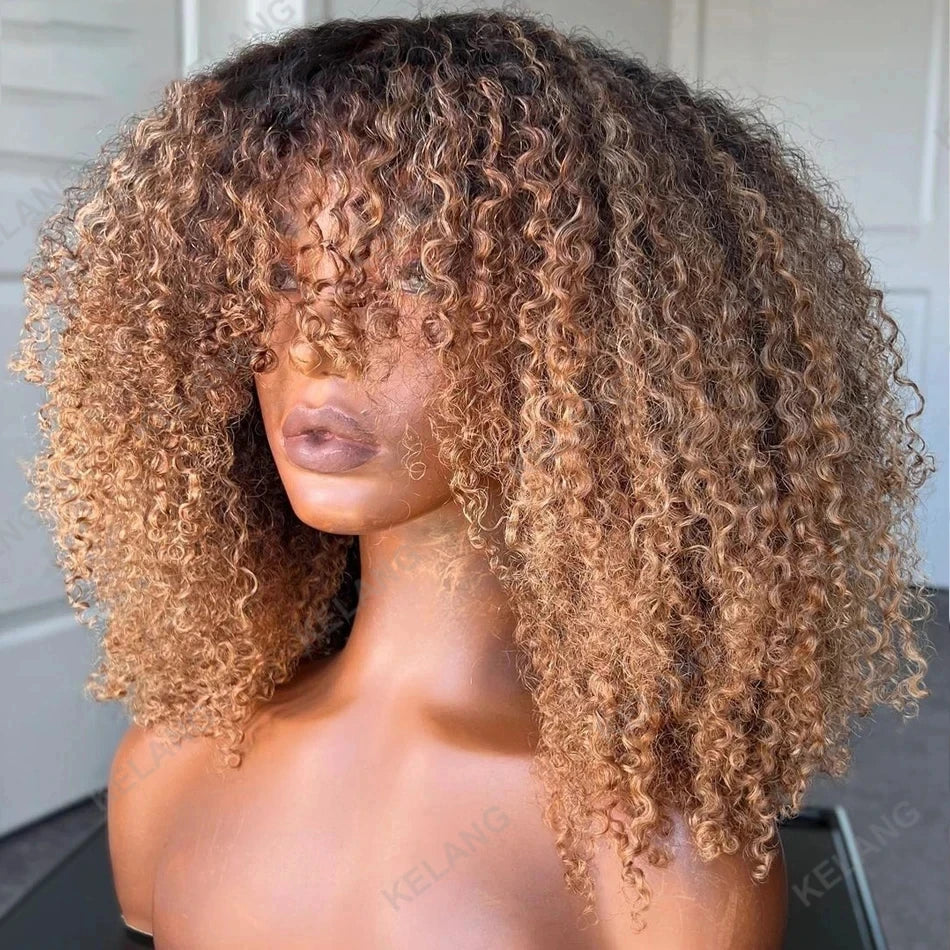 Wig – Afro Kinky Curly – Human Hair – Ombré Brown to Honey Blonde | KIMLUD