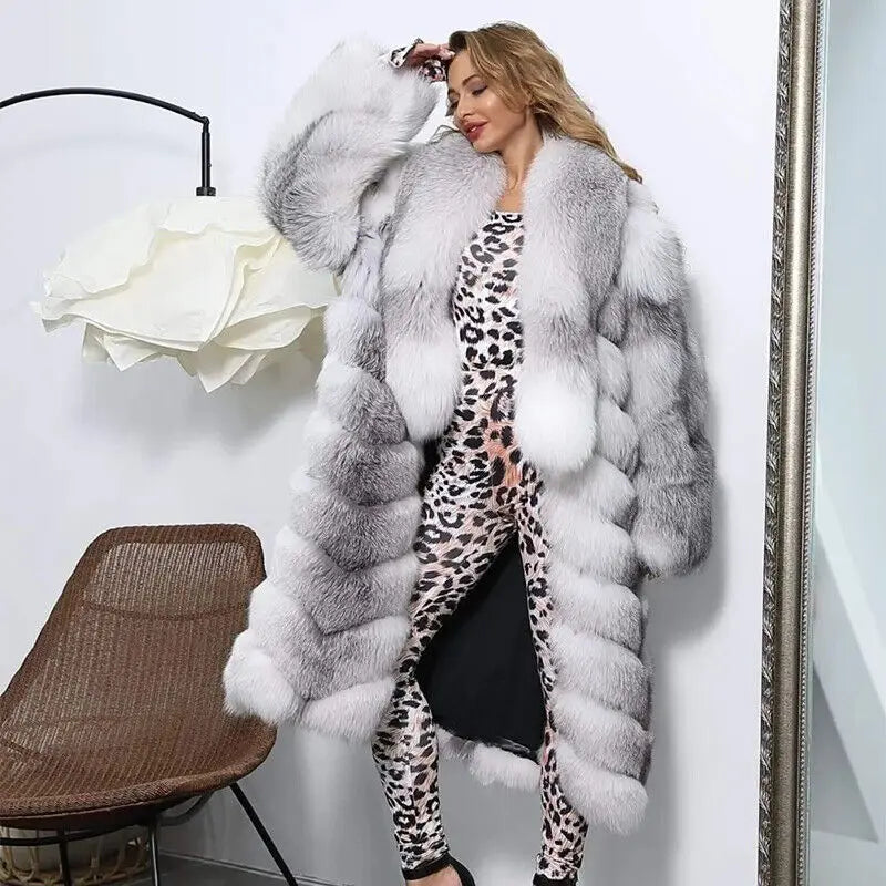 Luxury Women Genuine Cross Fox Fur Coat Full Pelt Natural Fox Fur Collar Thick Outwear Winter Warm Real Fur Overcoats