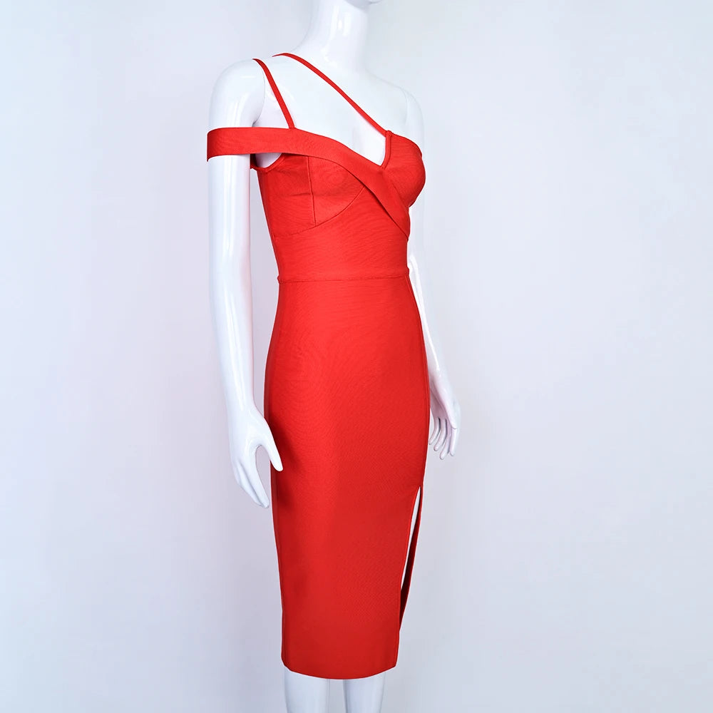 BEAUKEY Women Long Dress Bodycon HL Bandage Dress Side Split Deep V Neck Spaghetti Strap Party Dresses Red off Shoulder XL