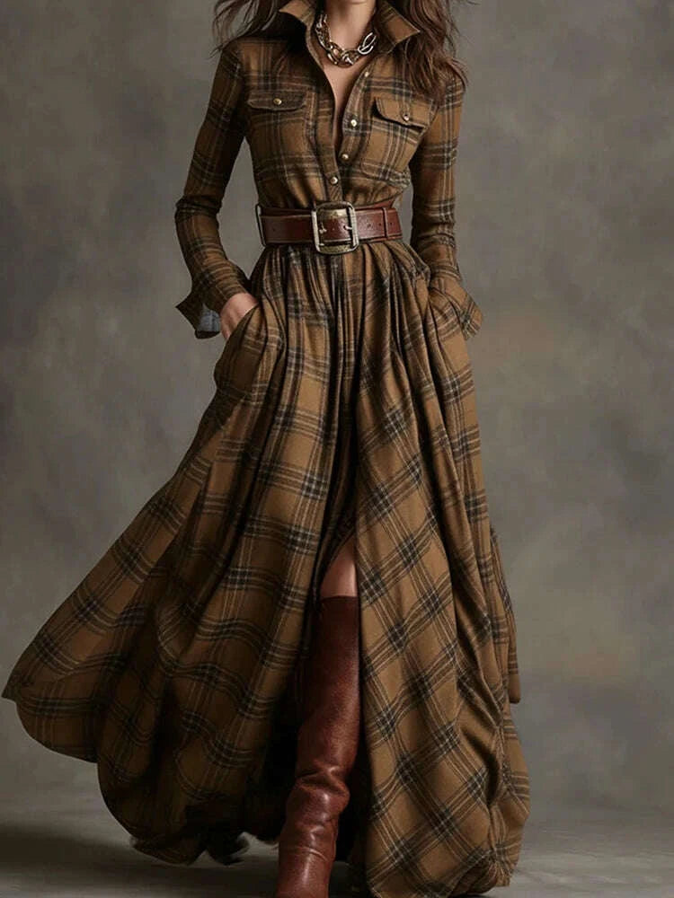 KIMLUD, 2025 Turn-Down Collar Patchwork Party Dress, Women Spring Autumn Long Sleeve Chic Maxi Dress, Plaid Printed Loose Cardigan Dress, KIMLUD Womens Clothes