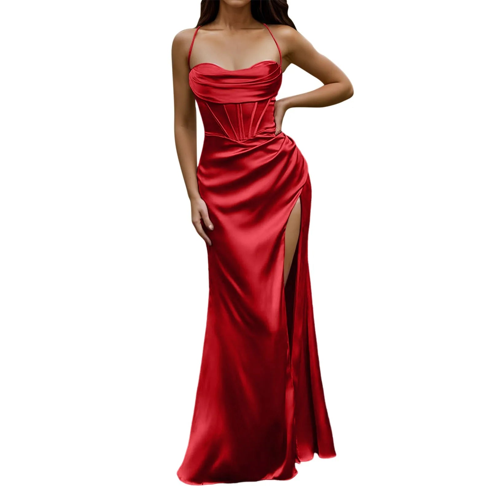 Dresses – Lace Up Backless High Slit Corset Maxi – Polyester – Green | KIMLUD