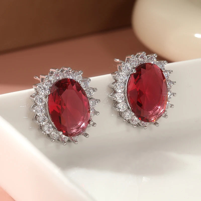 Stud Earrings – Red White Oval CZ Inlay – Copper Alloy – Silver | KIMLUD