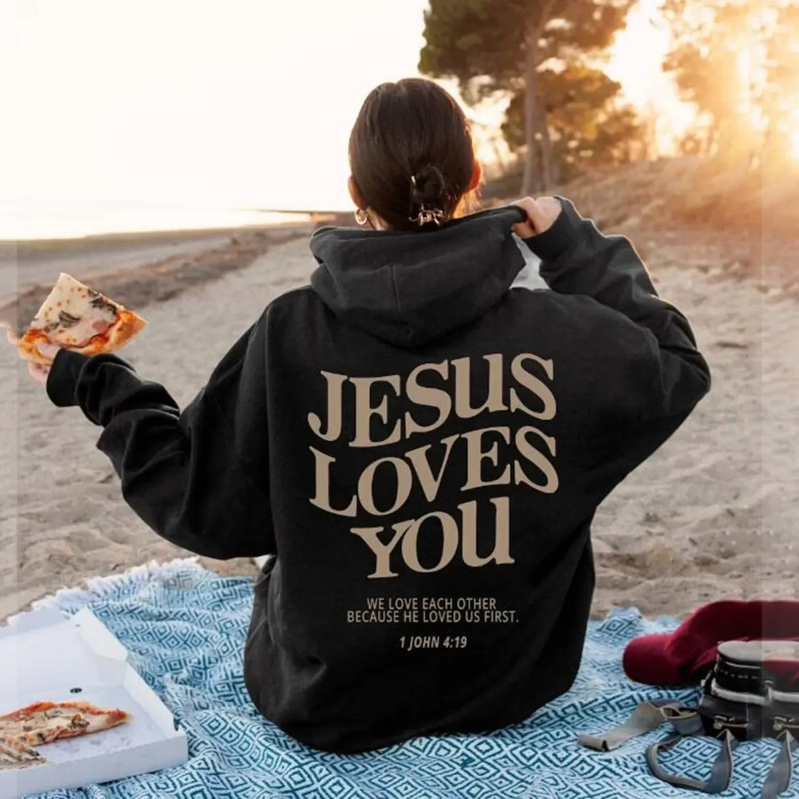 Pullover Hoodie - Jesus Loves You Print - Cotton-Polyester | KIMLUD