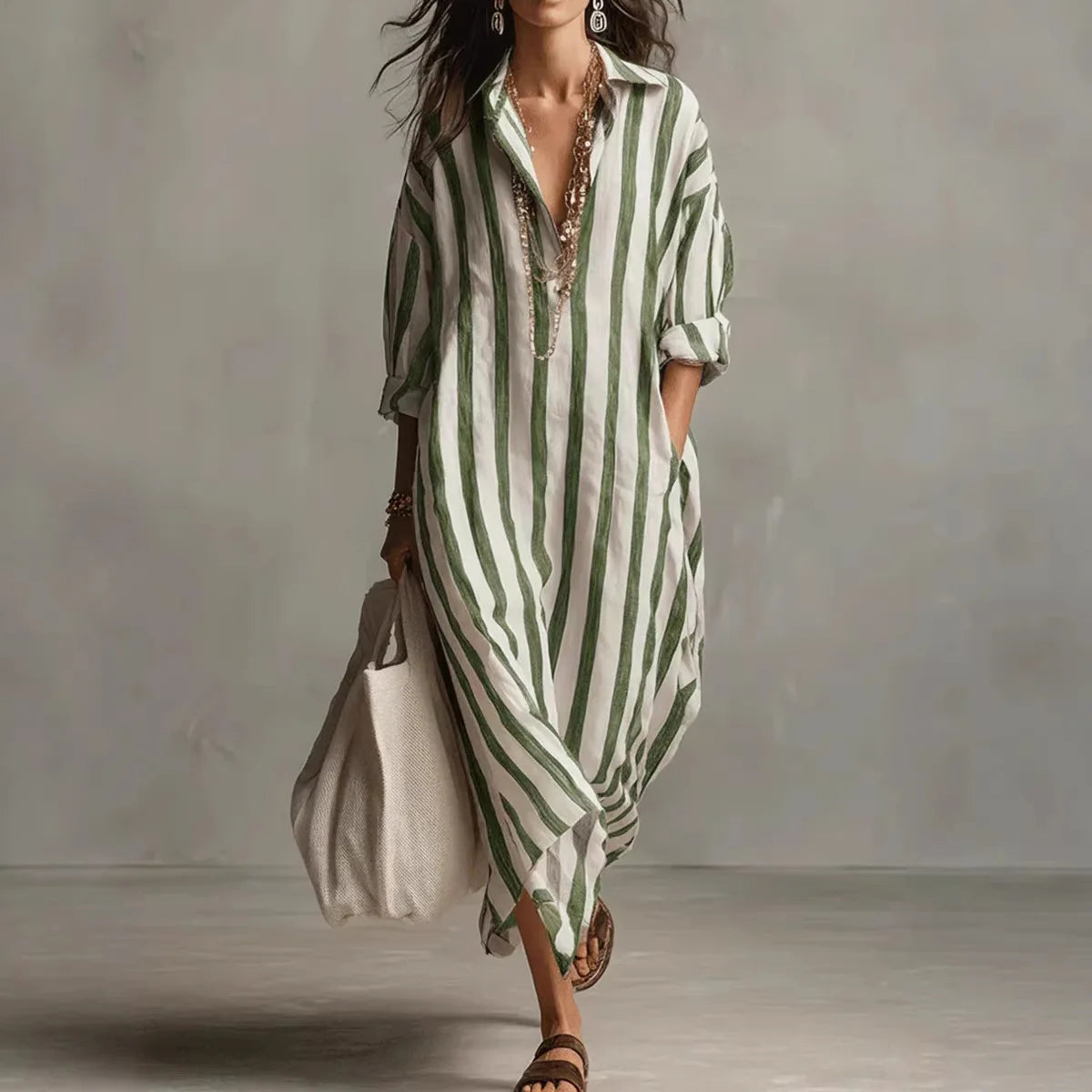 2026Spring Summer Casual Elegant Turn Down Collar  Breathable Dress For Women Party Dress Boho Striped Printed Loose Beach