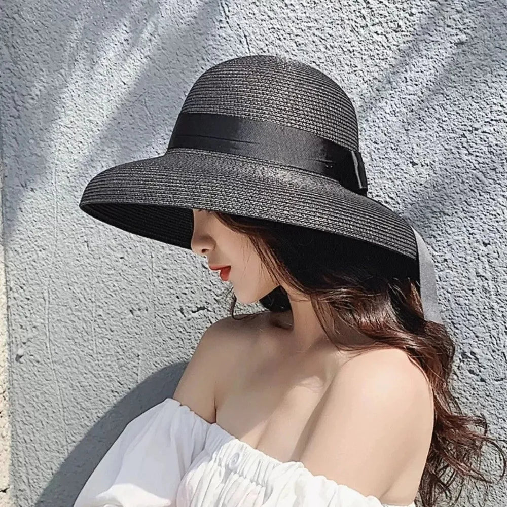Vintage Breathable Straw Wide Brim Hat — Black | KIMLUD