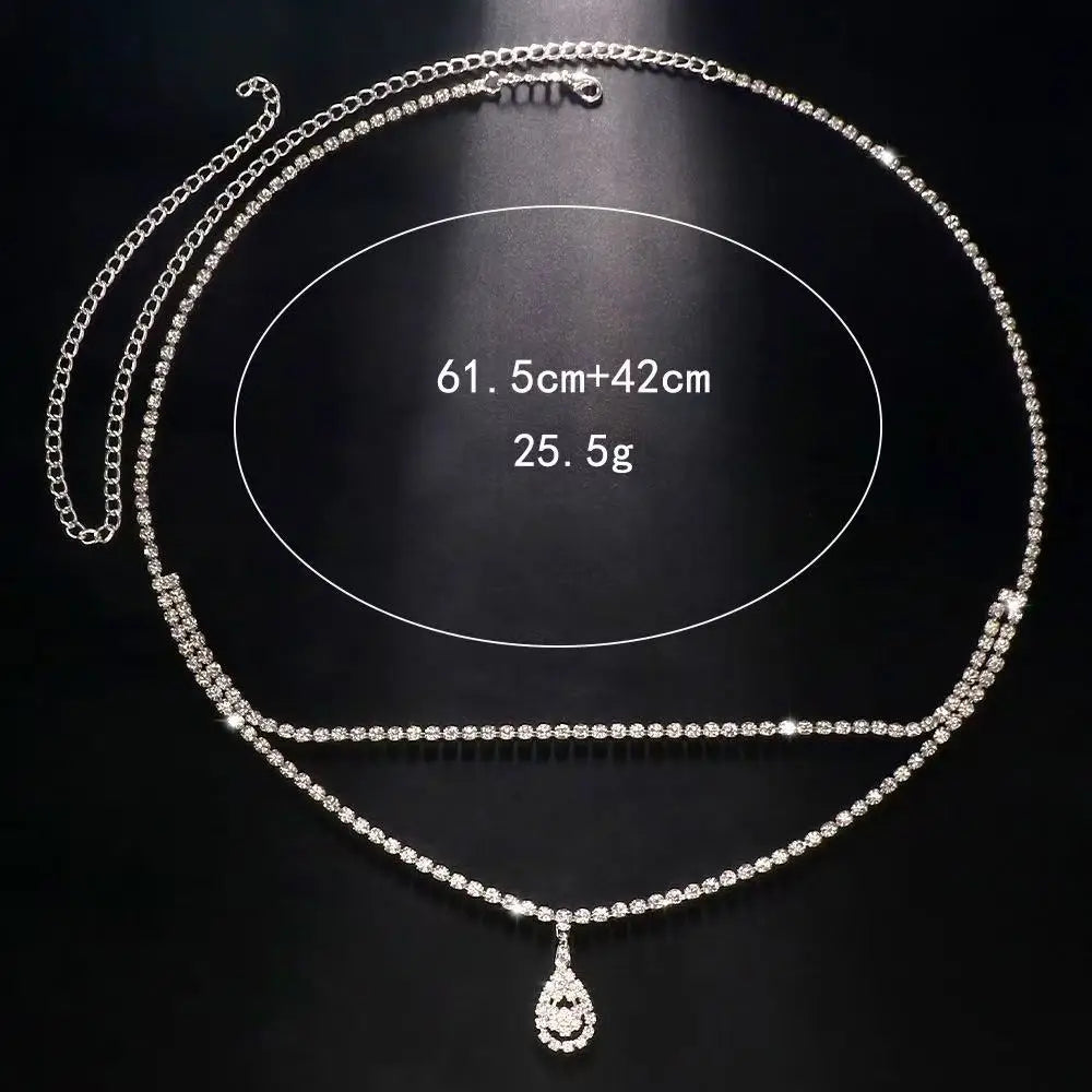 Belly Chain – Double Chain Water Drop – Rhinestone – Silver | KIMLUD